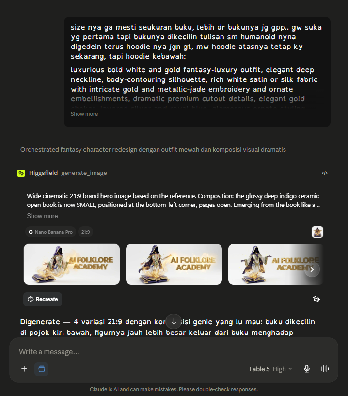 Build log: detailed outfit revision instructions sent to the image tool, returning four logo variations of the golden lady rising from the book