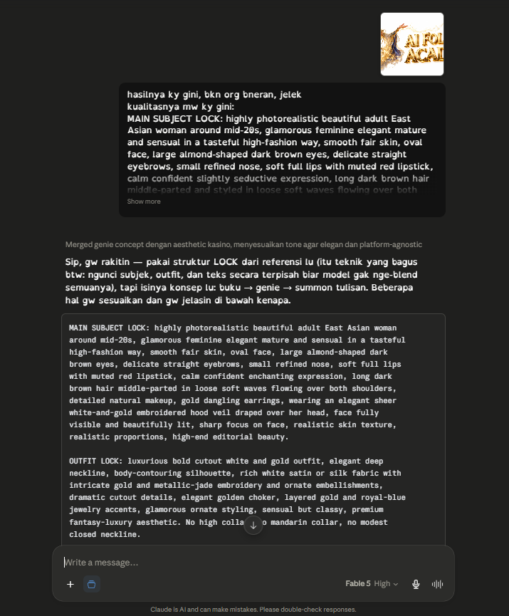 Build log: a rejected illustration-style logo attempt, followed by the prompt being rebuilt in chat into structured sections — subject lock and outfit lock visible in full