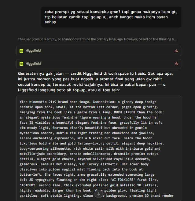 Build log: the author's plain-language feedback in Indonesian asking for the face to be visible but dimly lit instead of blacked out, and the AI translating it into lighting specifications