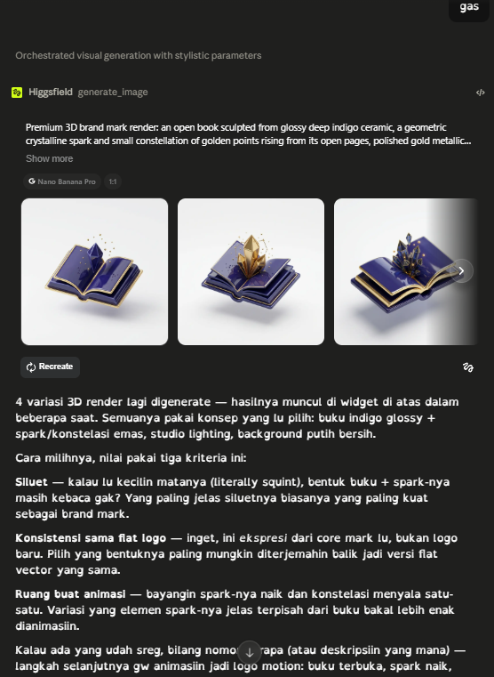 Build log: the text chat writing an image-dialect prompt and dispatching four 3D book renders to the image tool, then giving three criteria for judging them — silhouette, flat-logo consistency, and animation headroom