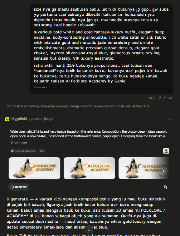 Build log: the author's plain-language genie brief with pasted outfit vocabulary, translated into a wide 21:9 image prompt with the previous round's image attached as reference, and four generated variants