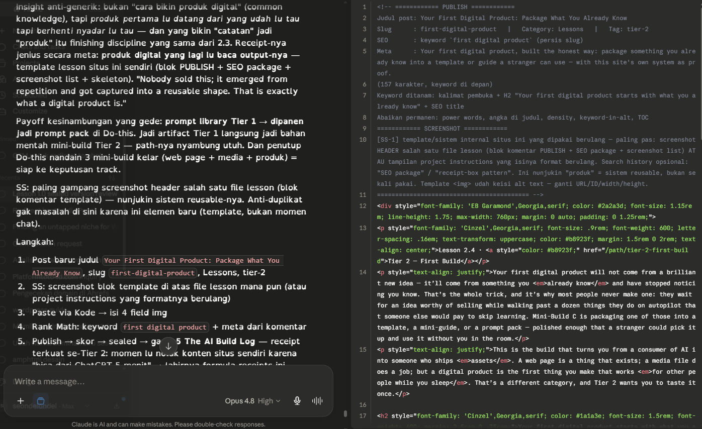 The reusable template at the top of this site's lesson files — a fixed publish-and-SEO package and screenshot checklist that every lesson is built from, an example of an internal system that could be packaged as a digital product