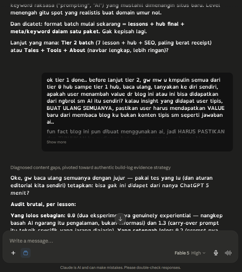 Build log: the author ordering a full audit of every published lesson and a rebuild of anything thin, followed by the AI's brutal per-lesson audit admitting most lessons taught but almost none proved