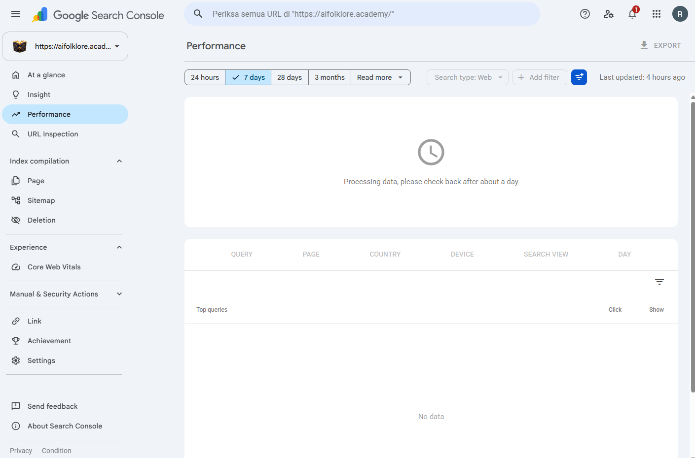 Google Search Console performance report on day zero for aifolklore.academy, showing the processing-data notice and a completely empty queries table
