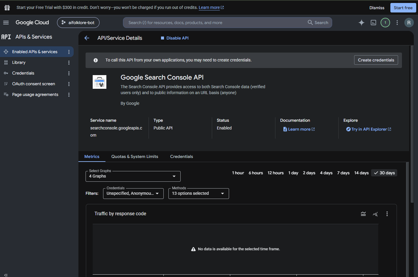 Google Cloud Console showing the Search Console API enabled for the aifolklore-bot project, with the free-trial banner ignored at the top