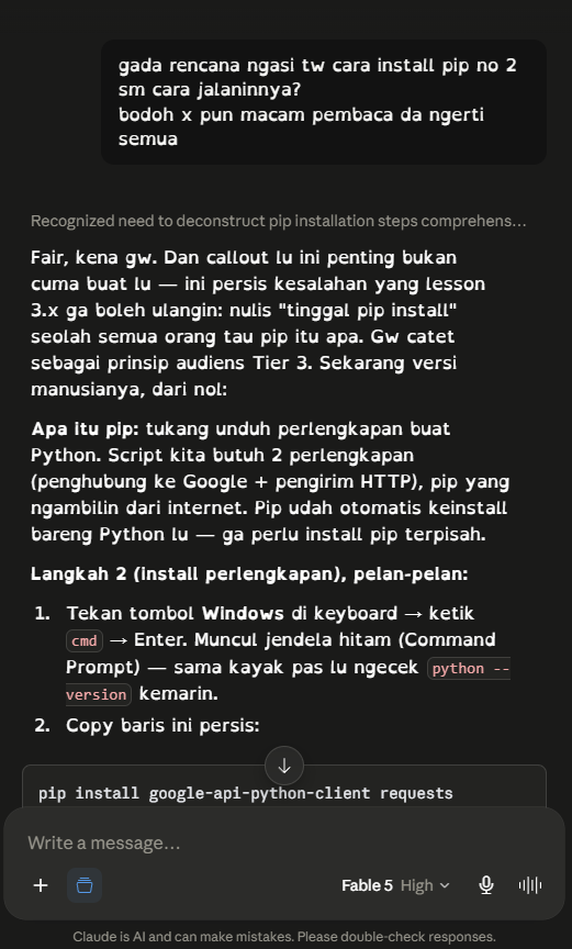 Chat message where the builder scolds the AI in Indonesian for skipping the pip installation steps, followed by the AI's corrected instructions rewritten for a complete beginner